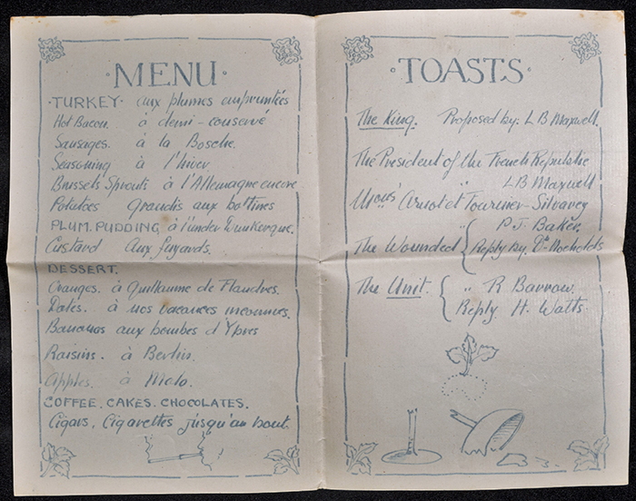 The menu was signed by all Laurie’s comrades and written in a mixture of English and French.
